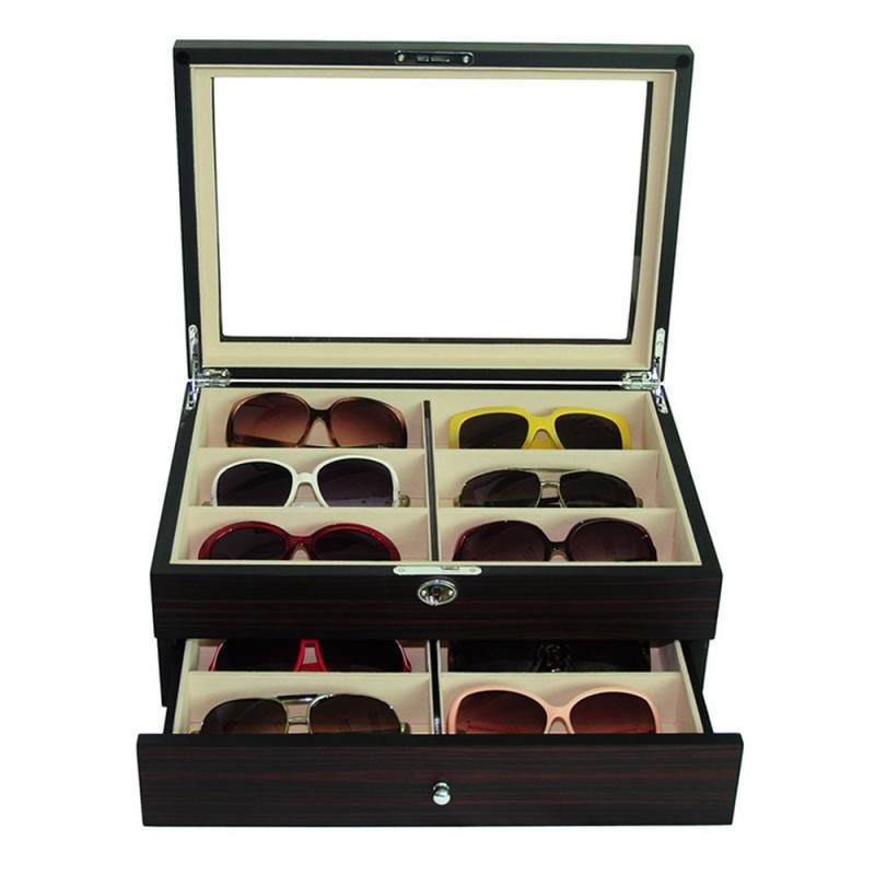 Glasögan box för 12 solglasögon / glasögon / flugor - ebenholts finis