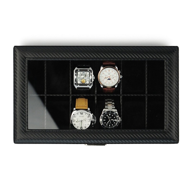 Klockbox / klocklåda för 12 klockor - svart kolfiber look