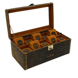 Friedrich klockbox / klocklåda av äkta brun läder, förvar 20 klockor