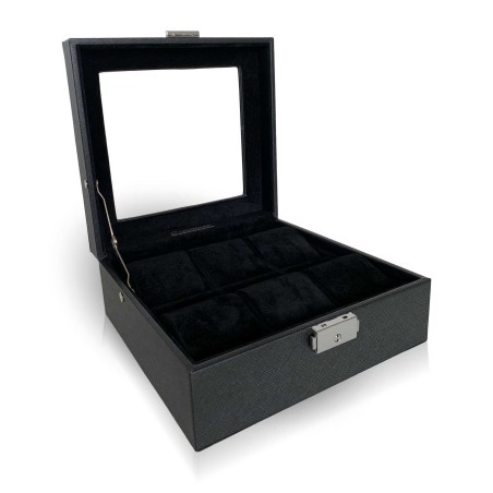 LINDENÆS klockbox / klocklåda för 6 klockor - svart cross grain läder och svart inredning