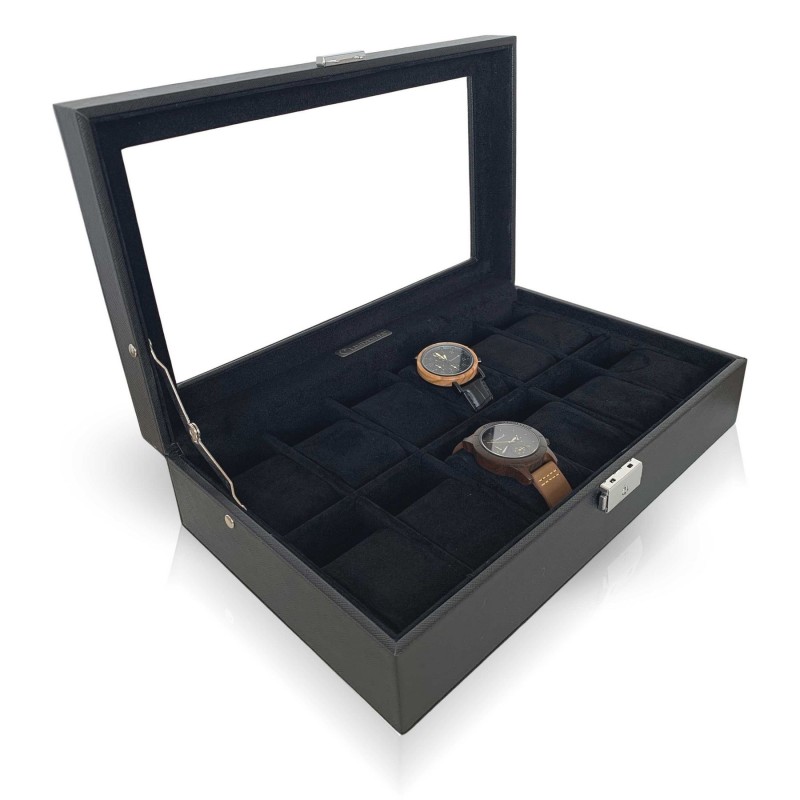 LINDENÆS klockbox / klocklåda för 12 klockor - trendy svart cross grain läder