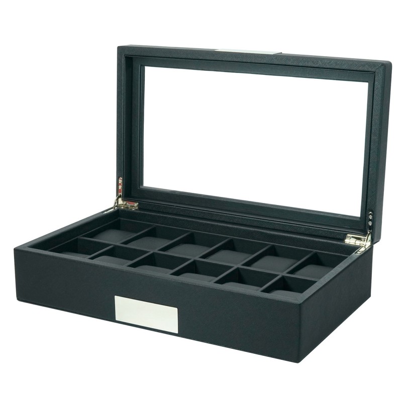 Klockbox / klocklåda i svart Saffiano mönstrat konstläder för12 klockor
