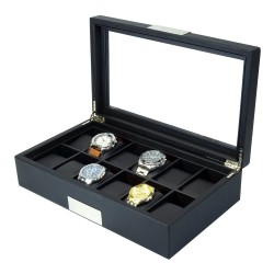 Klockbox / klocklåda i svart Saffiano mönstrat konstläder för12 klockor