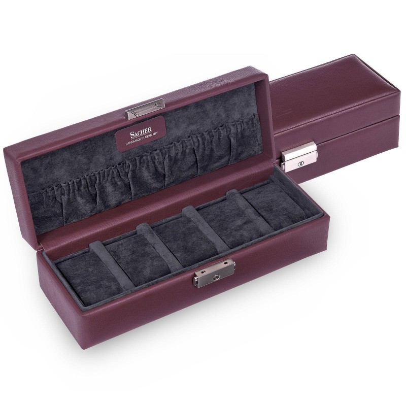 SACHER lyx klocklåda / klockbox i äkta bordeaux läder - förvar 5 klockor
