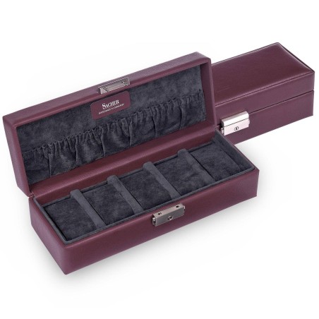 SACHER lyx klocklåda / klockbox i äkta bordeaux läder - förvar 5 klockor