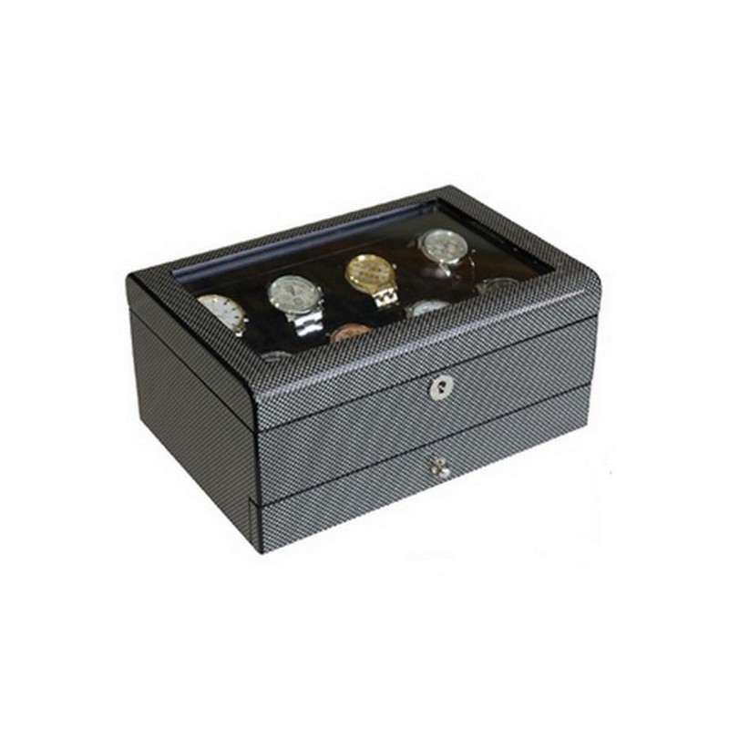 Klocklåda / klockbox i snygg kolfiber look - för 8 klockor och smycken