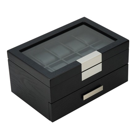 Klocklåda / klockbox för 20 klockor i matt svart träfaner - med låda